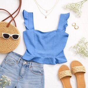 Altar’d State Cottagecore Corn Flower Blue Peplum Crop Tank Top Small